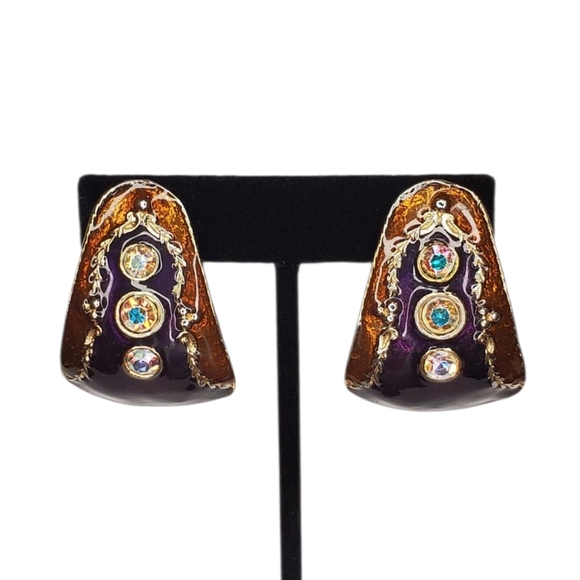 Vintage Gold-Tone Purple/Copper Enamel & AB Rhinestones Chunky Clip-On Earrings - Picture 1 of 15